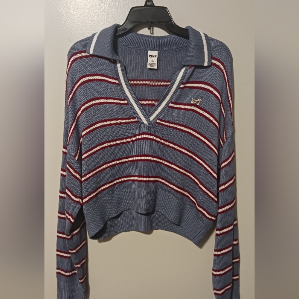 PINK Victoria's Secret Striped Polo Rugby Cambridge Knit V-Neck Sweater